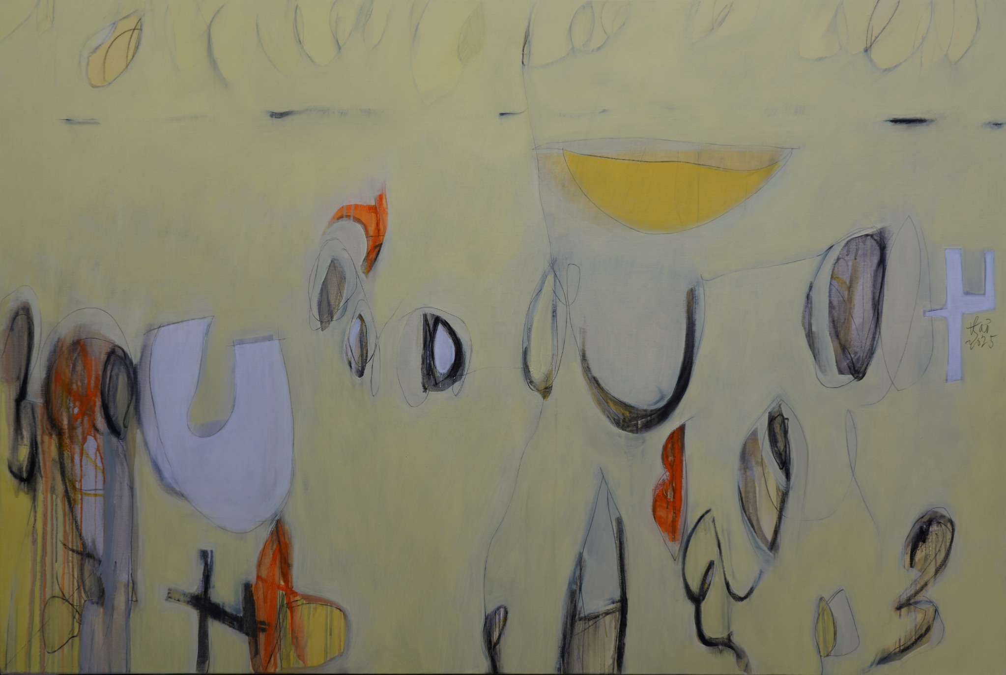 trăng non #17 | 2025 | acrylic, sơn dầu, than trên vải bố | 100 x 150 cm