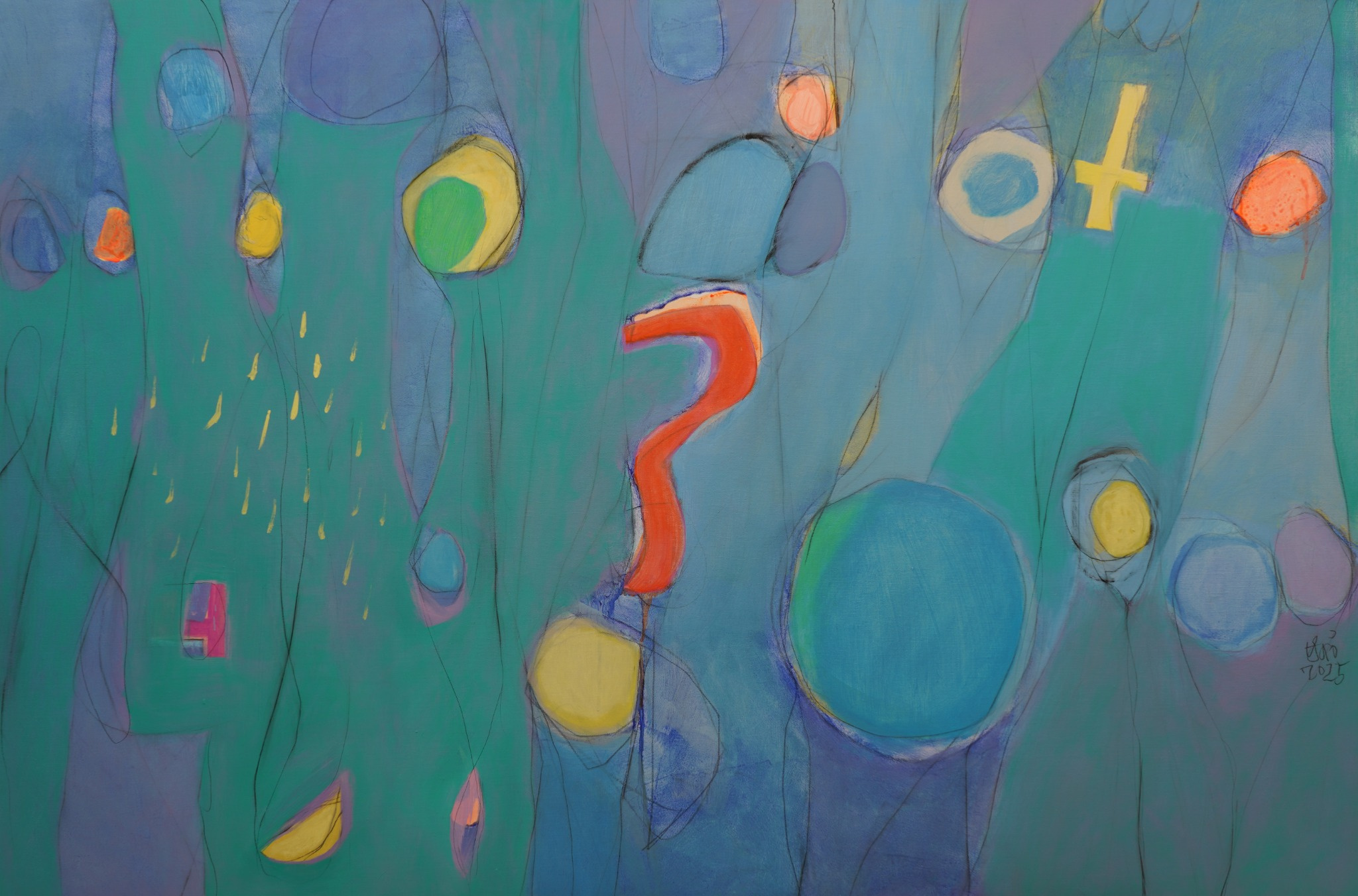trăng non #18 | 2025 | acrylic, sơn dầu, sáp dầu,  than trên vải bố | 100 x 150 cm