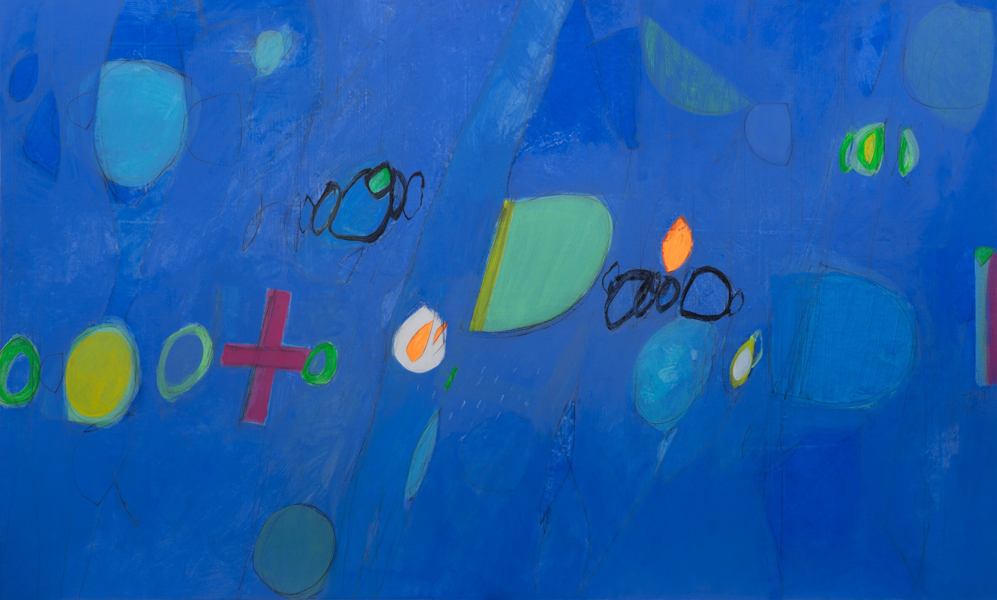 trăng non #21 | 2025 | acrylic, sơn dầu, than trên vải bố | 150 x 250 cm