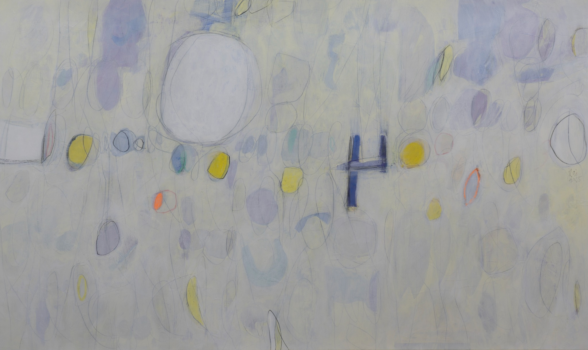 trăng non #22 | 2025 | acrylic, sơn dầu, than, sáp dầu trên vải bố | 150 x 250 cm