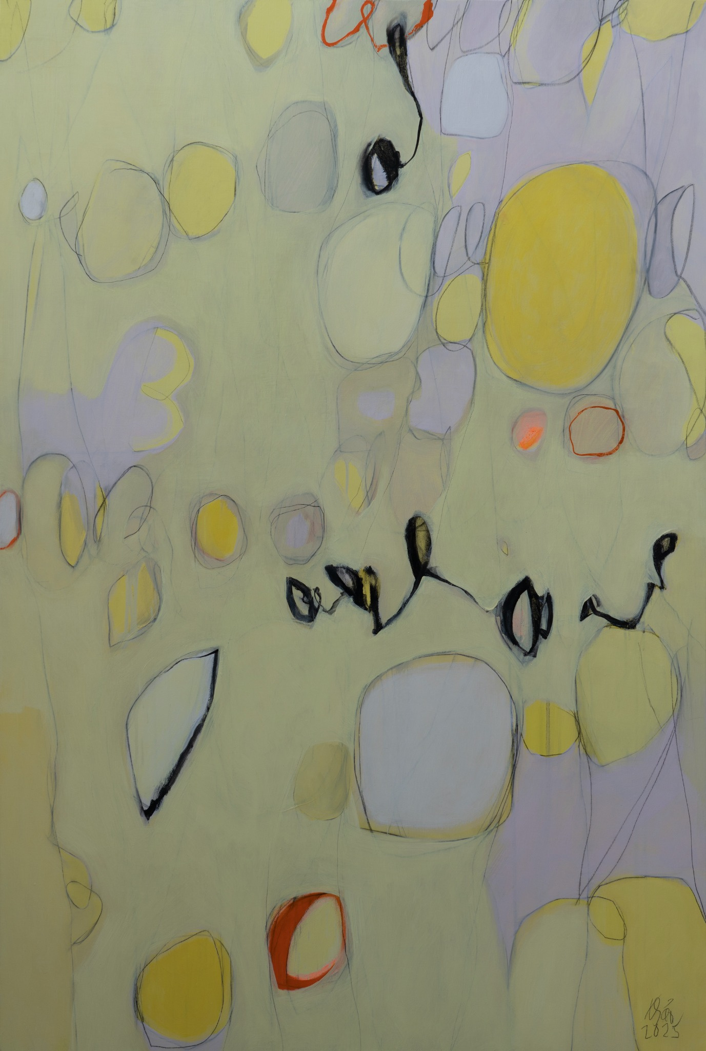 trăng non #23 | 2025 | acrylic, oil, charcoal, oil pastel on canvas | 150 x 250 cm