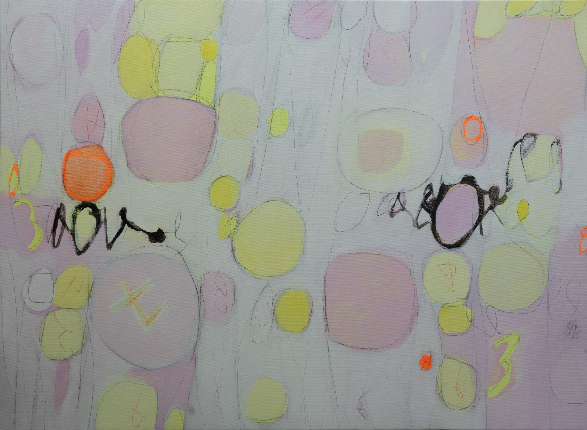 trăng non #24 | 2025 | acrylic, sơn dầu, than, sáp dầu trên vải bố | 150 x 205 cm