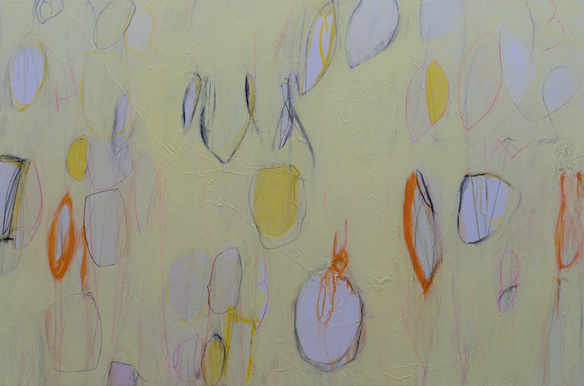 trăng non #25 | 2025 | acrylic, oil, paper, charcoal, oil pastel on canvas | 80 x 120 cm